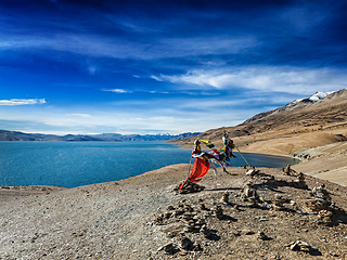 Image showing Buddhist prayer flags lungta at Himalayan lake