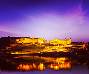 Image showing Amer Fort (Amber Fort) at night in twilight. Jaipur, Rajastan,