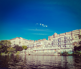 Image showing City Palace view from the lake. Udaipur, Rajasthan, India