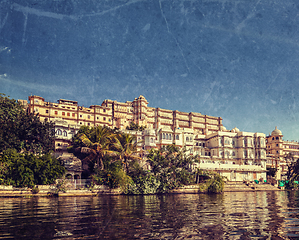 Image showing City Palace view from the lake. Udaipur, Rajasthan, India