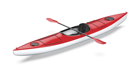 Image showing Red plastic kayak with paddle