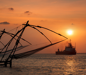 Image showing Chinese fishnets on sunset. Kochi, Kerala, India