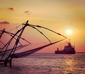 Image showing Chinese fishnets on sunset. Kochi, Kerala, India