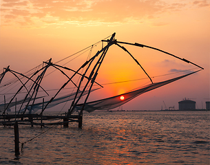 Image showing Chinese fishnets on sunset. Kochi, Kerala, India