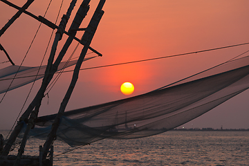 Image showing Chinese fishnets on sunset. Kochi, Kerala, India