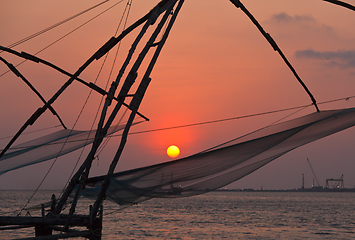 Image showing Chinese fishnets on sunset. Kochi, Kerala, India