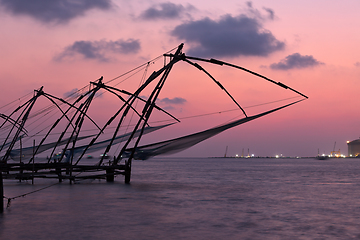 Image showing Chinese fishnets on sunset. Kochi, Kerala, India