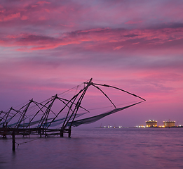 Image showing Chinese fishnets on sunset. Kochi, Kerala, India