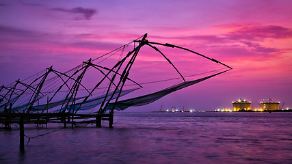 Image showing Chinese fishnets on sunset. Kochi, Kerala, India