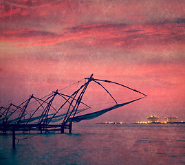 Image showing Chinese fishnets on sunset. Kochi, Kerala, India