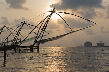 Image showing Chinese fishnets on sunset. Kochi, Kerala, India