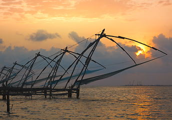 Image showing Chinese fishnets on sunset. Kochi, Kerala, India