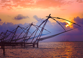 Image showing Chinese fishnets on sunset. Kochi, Kerala, India