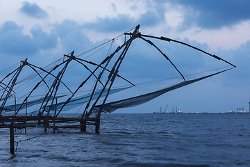 Image showing Chinese fishnets in twilight. Kochi, Kerala, India