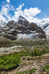 Image showing Lahaul valley in Himalayas with snowcappeped mountains. Himachal Pradesh, India