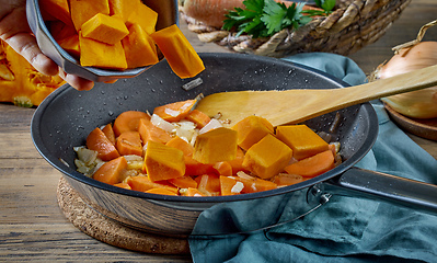 Image showing fresh sliced pumpkin on frying pan