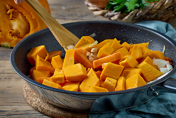 Image showing sliced pumpkin pieces on cooking pan