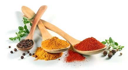 Image showing various spices in wooden spoons