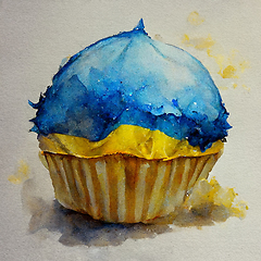 Image showing Yellow and blue watercolor cupcake. Delicious vanilla cake with 