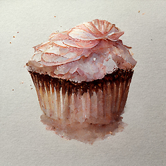 Image showing Pink watercolor cupcake decorated with fruits. Delicious vanilla