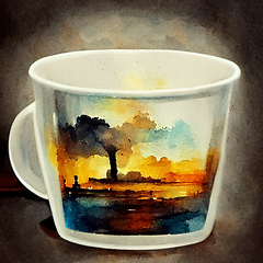 Image showing Watercolor drawing ceramic cup of hot coffee with milk or cappuc