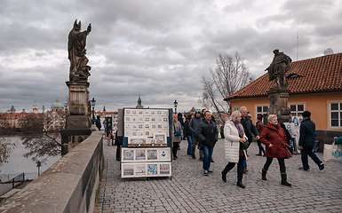 Image showing Charles Bridge with crowd of tourist