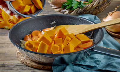 Image showing fresh sliced pumpkin on frying pan