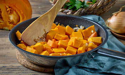 Image showing sliced pumpkin pieces on cooking pan