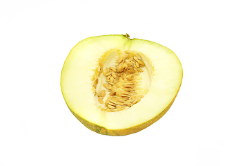 Image showing Cut melon with seeds isolated on white background