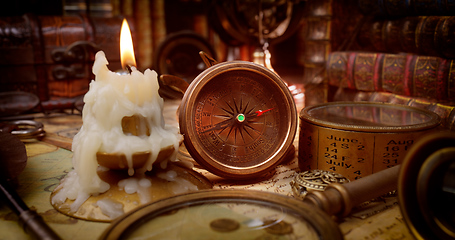 Image showing Vintage style travel and adventure. Vintage old compass and othe