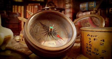 Image showing Vintage style travel and adventure. Vintage old compass and othe