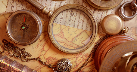 Image showing Vintage style travel and adventure. Vintage old compass and othe