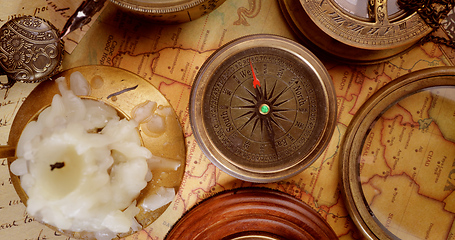 Image showing Vintage style travel and adventure. Vintage old compass and othe