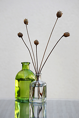 Image showing Dried wildflowers and small bottles