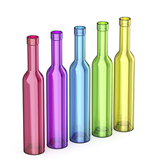 Image showing Five tall empty glass bottles