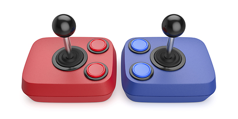 Image showing Red and blue computer joysticks