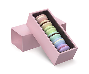 Image showing Pink box with six different french macarons