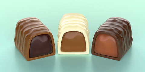 Image showing Different chocolate bonbons with caramel, cherry and chocolate f