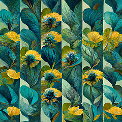 Image showing Teal and yellow abstract flower pattern for prints, wall art.