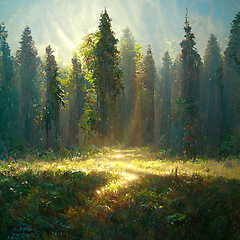 Image showing Beautiful sunny morning in magic forest. Forest in the morning i