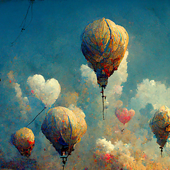 Image showing Beautiful fantasy hot air balloons against a blue sky and clouds