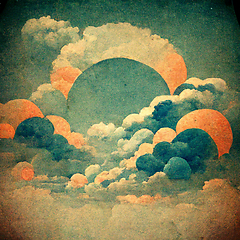 Image showing Cloudscape, blue sky with clouds and suns, retro art style.