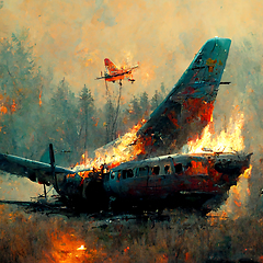 Image showing Air Crash. Burning falling plane. The plane crashed to the groun