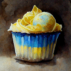 Image showing Yellow and blue watercolor cupcake. Delicious vanilla cake with 