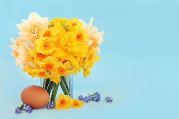 Image showing Spring Daffodil Flowers and Fresh Breakfast Egg