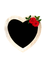 Image showing Heart Shaped Wooden Frame and Red Rose Flowers  