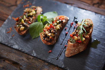 Image showing Healthy whole grain bread toast with sweet baked pepper and tomato. Healthy Nutritious