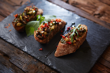 Image showing Healthy whole grain bread toast with sweet baked pepper and tomato. Healthy Nutritious