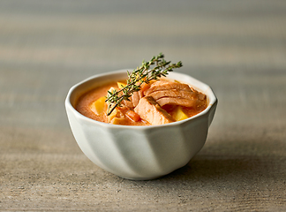 Image showing bowl of salmon and tomato soup