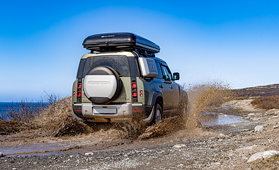 Image showing Rybachy, RUSSIA - May 30 2022: Off-roading New Land Rover Defend